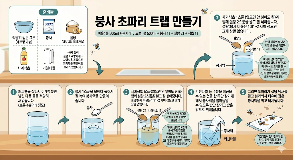 붕사 초파리 트랩 후기 (+ 초파리 없애는법 바퀴벌레 개미 퇴치제 만들기) 붕사 초파리 트랩 만드는법